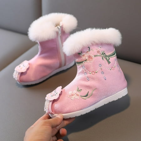 

LYCAQL Toddler Shoes Cotton Boots for Girl Winter Vintage Embroidered Cloth Boots Plush Inside Of Hanfu Shoes Children Chukka Boots Size 5 (Pink 3.5 Big Kids)
