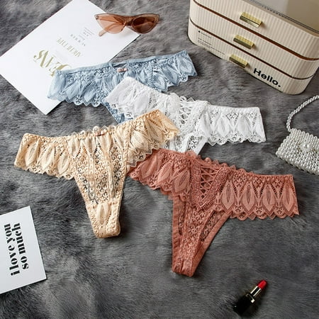 Women Lace Panties Sexy Hollow Out Thong Underwear Lingerie Female T-Back Temptation Low Waist Female Transparent G String Light blue S YIWEI