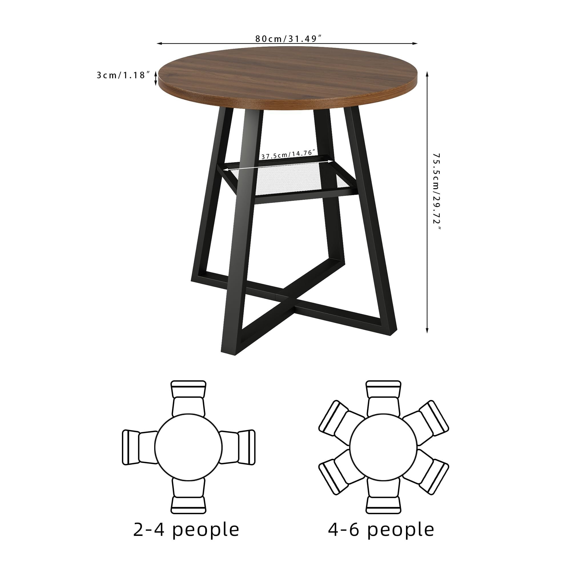 31.5 in Small Round Dining Table for 2–4, Space Saving Kitchen Table with Storage, Mid Century Modern Metal Legs, Walnut