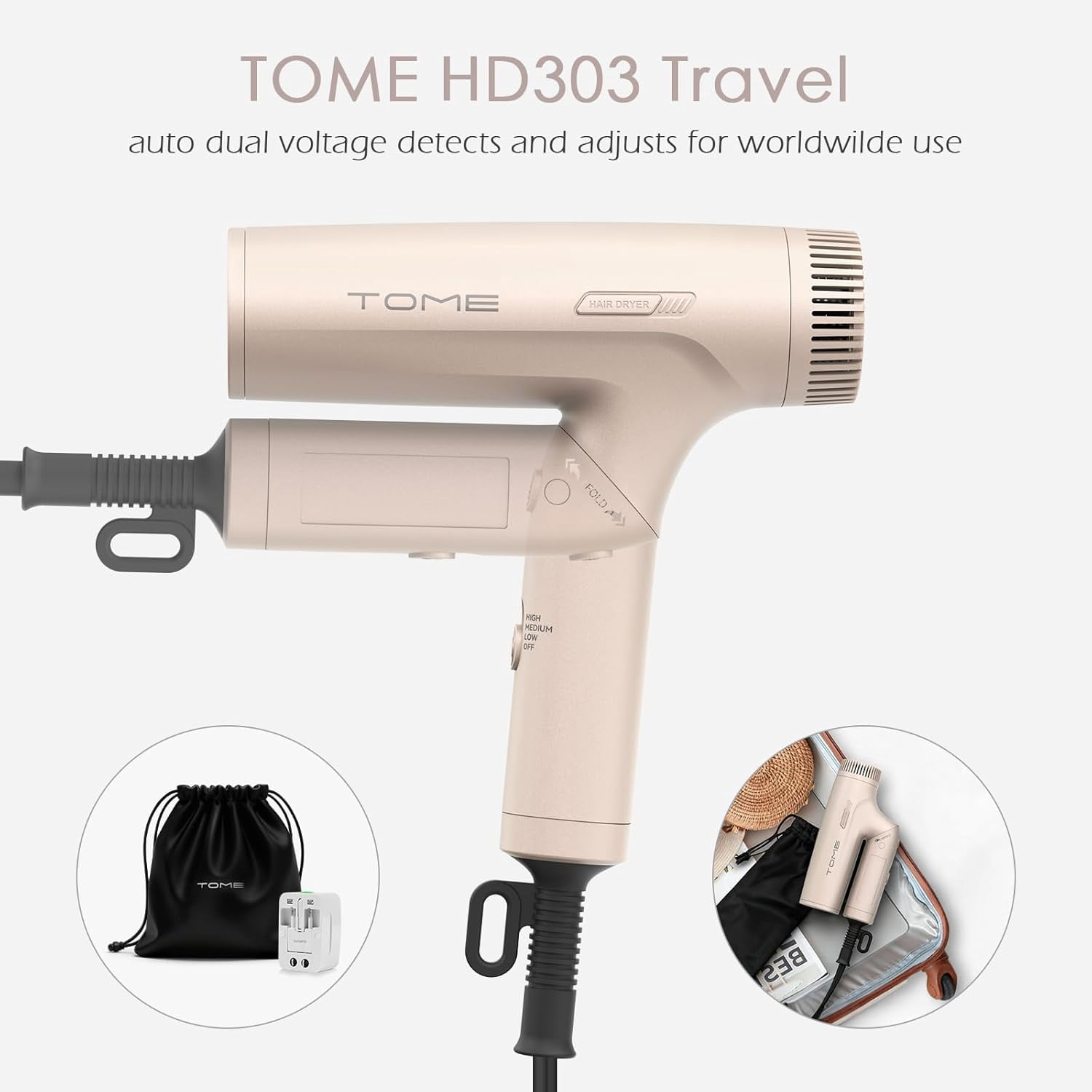TOME Hair Dryer with Diffuser,Dual Voltage Travel Blow Dryer 1200W Air Curling Wands Nozzle with Universal Power Adapter