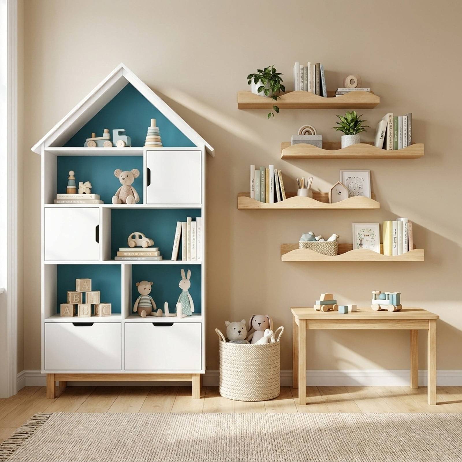 Furnibear 16 Inch Bookshelf Set of 4 Floating Book Shelves for Decoration Book Toy Storage for Living Room Home Office Bedroom Display, Natural