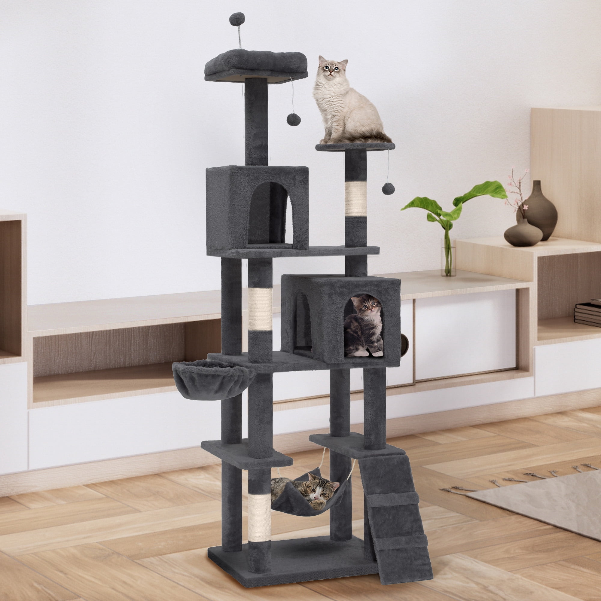 Uforic 44" Multi-Level Cat Condo with Scratch Posts and Hammock, Light Gray