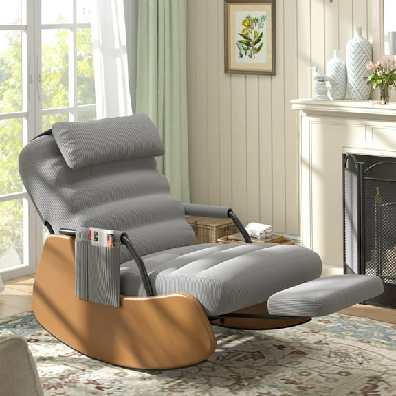 Wangbujianwang Nursery Rocking Chairs with Soft Seat and Headrest,Corduroy Fabric Accent Chair with Side Pocket,Glider Rocking Chair for Bedroom/Living Room/Nursery (Dark Grey/Brown)