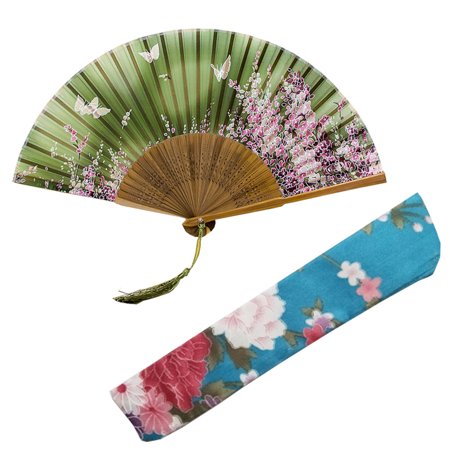 

Green Chinese Style Folding Fan with Cloth Bag Brown Bamboo Frame Fan Painted Butterflies Love Flowers