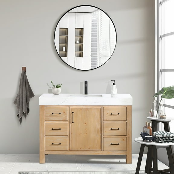 Leon 48" Bathroom Vanity in Fir Wood Brown with Composite top in Lightning White
