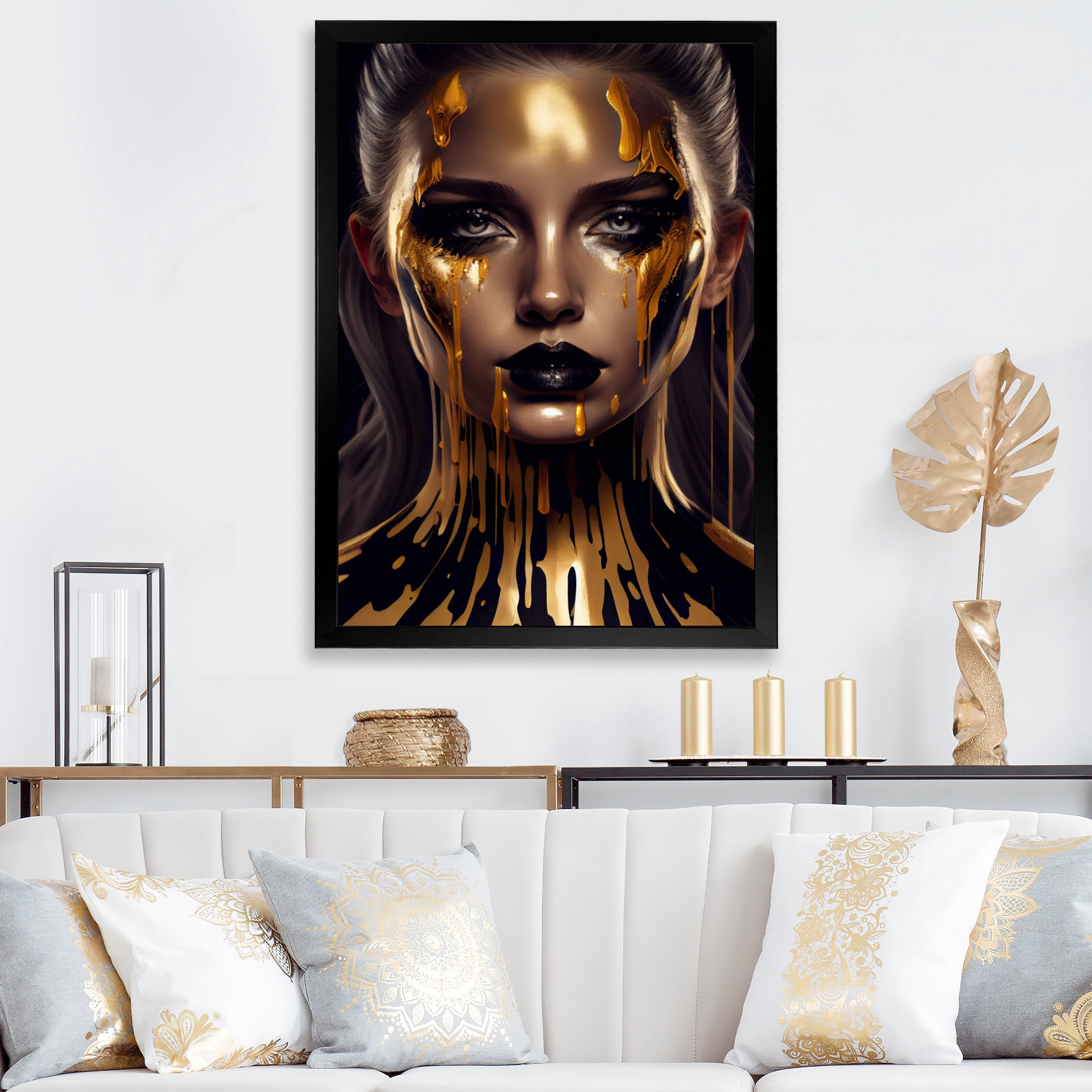 Designart Sensual Liquid Gold Woman VII Framed Wall Art