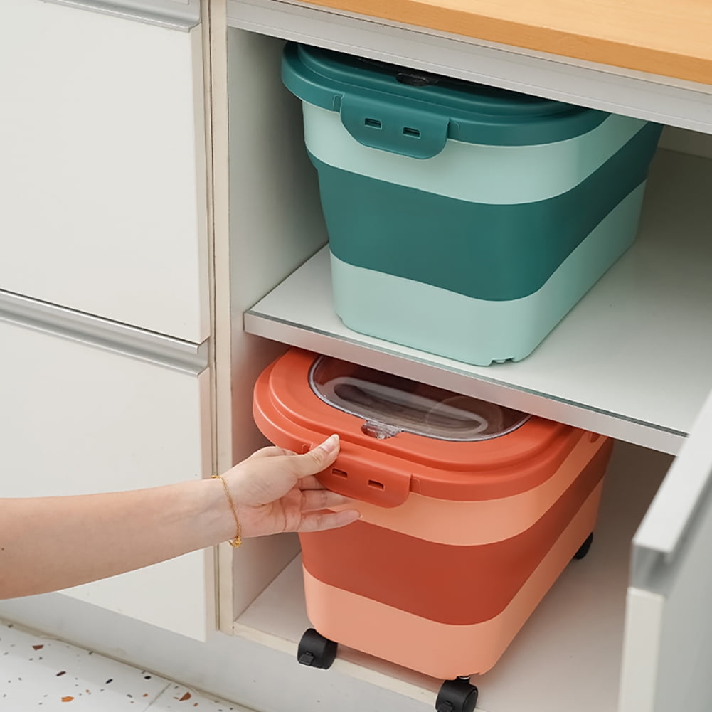 25 Lbs Dispenser Bin with Rolling Wheel Airtight Locking Lid, Cereal Rice Food Storage Containers, Dog Pet Flour Sugar Plastic Leakproof Sealable Large Kitchen Pantry Holder Green
