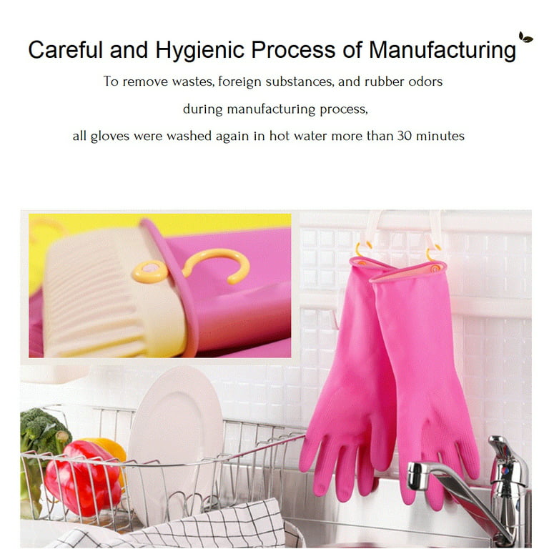 Myungjin (1 Pair) Reusable Waterproof Household Dishwashing Non-Slip  Cleaning Rubber Gloves with Hang-Dry Hook ((Large))