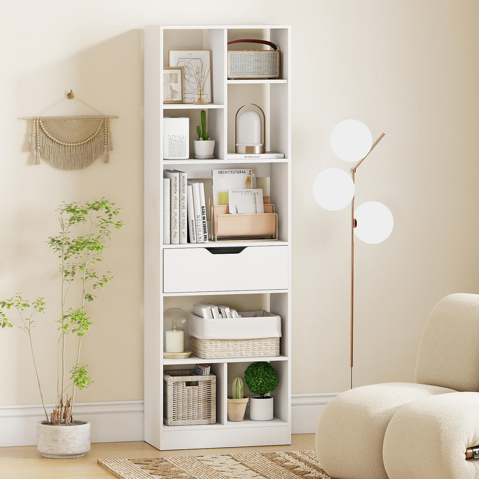 Costway 1 PCS 61” Bookcase with Drawer, 8 Open Cubes, Anti-toppling Kits for Living Room, Study White