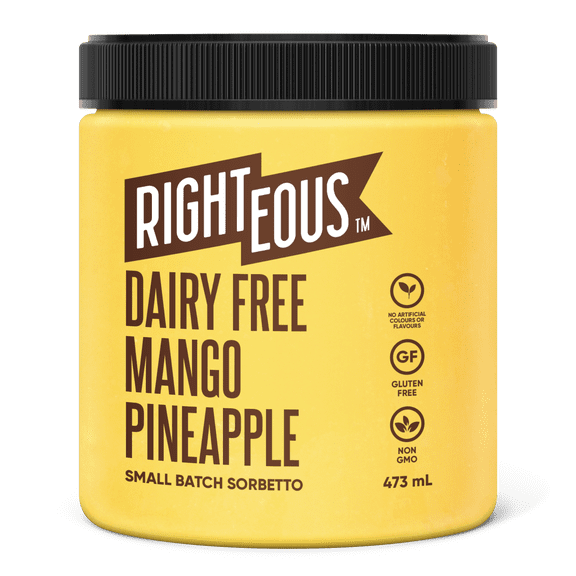 Righteous Gelato Dairy Free Mango Pineapple Sorbetto, RIGHTEOUS GELATO MANGO PINEAPPLE-Dairy Free Sorbetto combining cold pressed pineapple juice & Alphonso mangoes for a sweet finish.