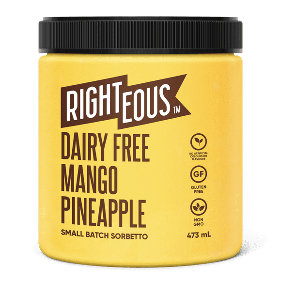 RIGHTEOUS GELATO DAIRY FREE MANGO PINEAPPLE SORBETTO, RIGHTEOUS GELATO MANGO PINEAPPLE-Dairy Free Sorbetto combining cold pressed pineapple juice & Alphonso mangoes for a sweet finish.