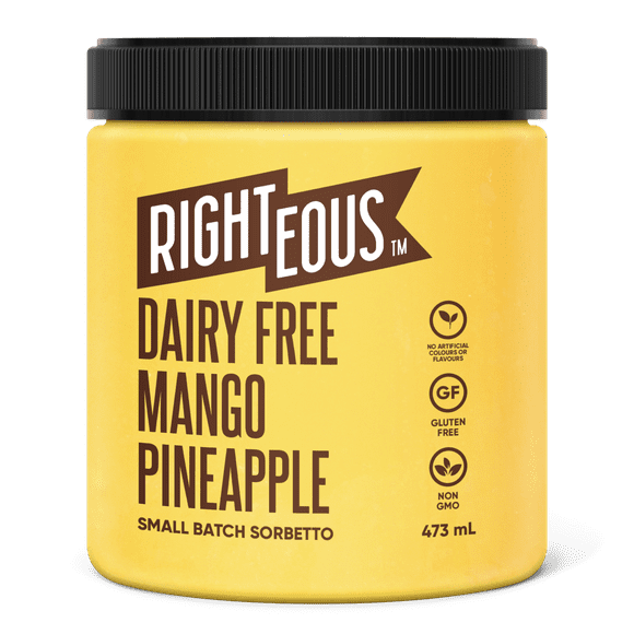 RIGHTEOUS GELATO SANS PRODUITS LAITIERS MANGUE ANANAS, SORBET RIGHTEOUS GELATO MANGUE ANANAS-Sorbet sans produits laitiers avec jus d’ananas pressé à froid et mangues Alphonso pour une touche sucrée