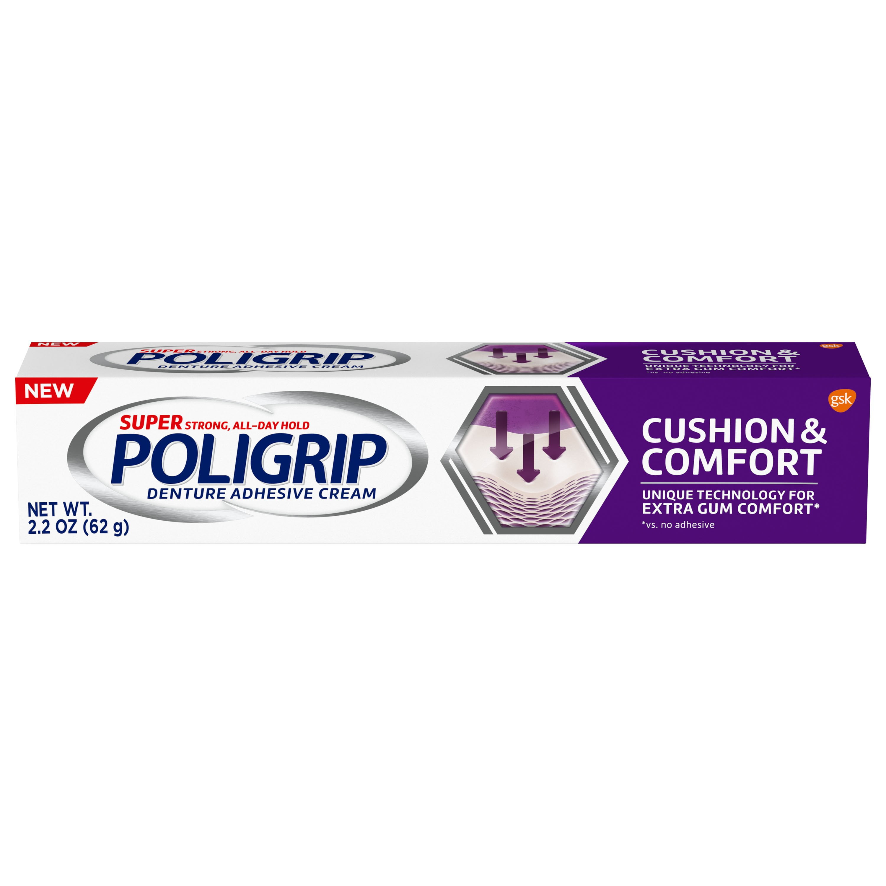 Poligrip Cushion & Comfort, Denture Fixative Cream, 2.2 Ounces