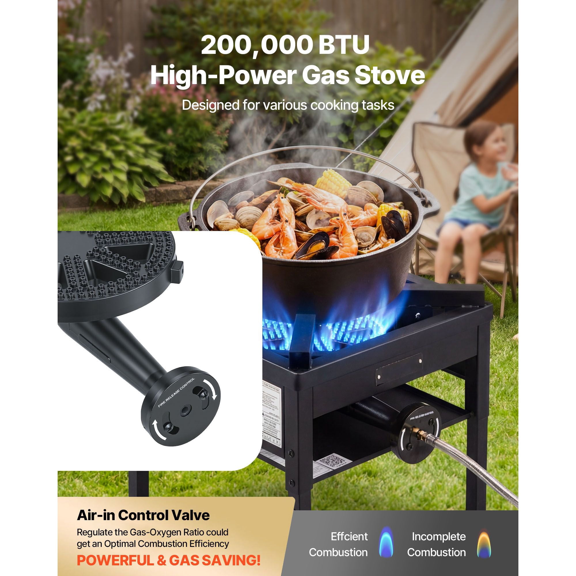 Heavy-Duty Outdoor Propane Gas Stove - 200,000 BTU Camping Grill with Shield & Regulator for BBQs and Seafood Boils