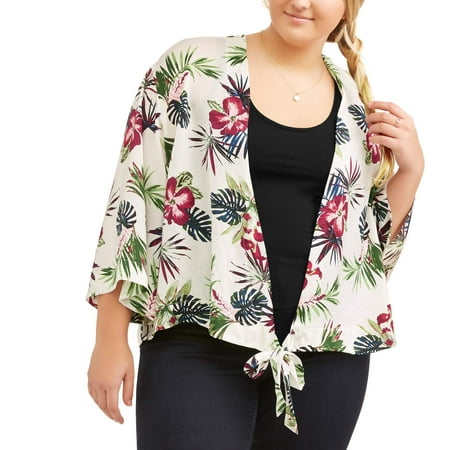 Junior's Plus Tropical Print Wrap Kimono