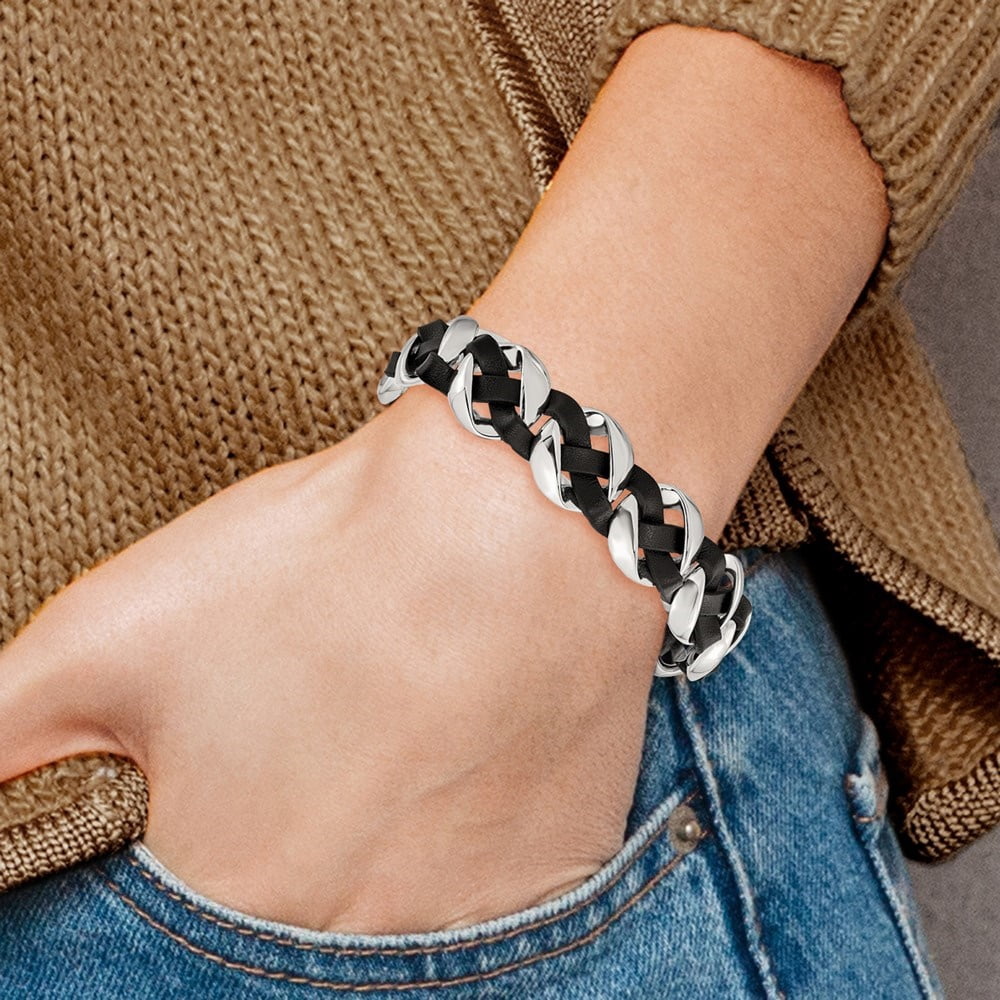 Diamond2Deal Stainless Steel Polished Black Braided Leather Bracelet for Men 8"