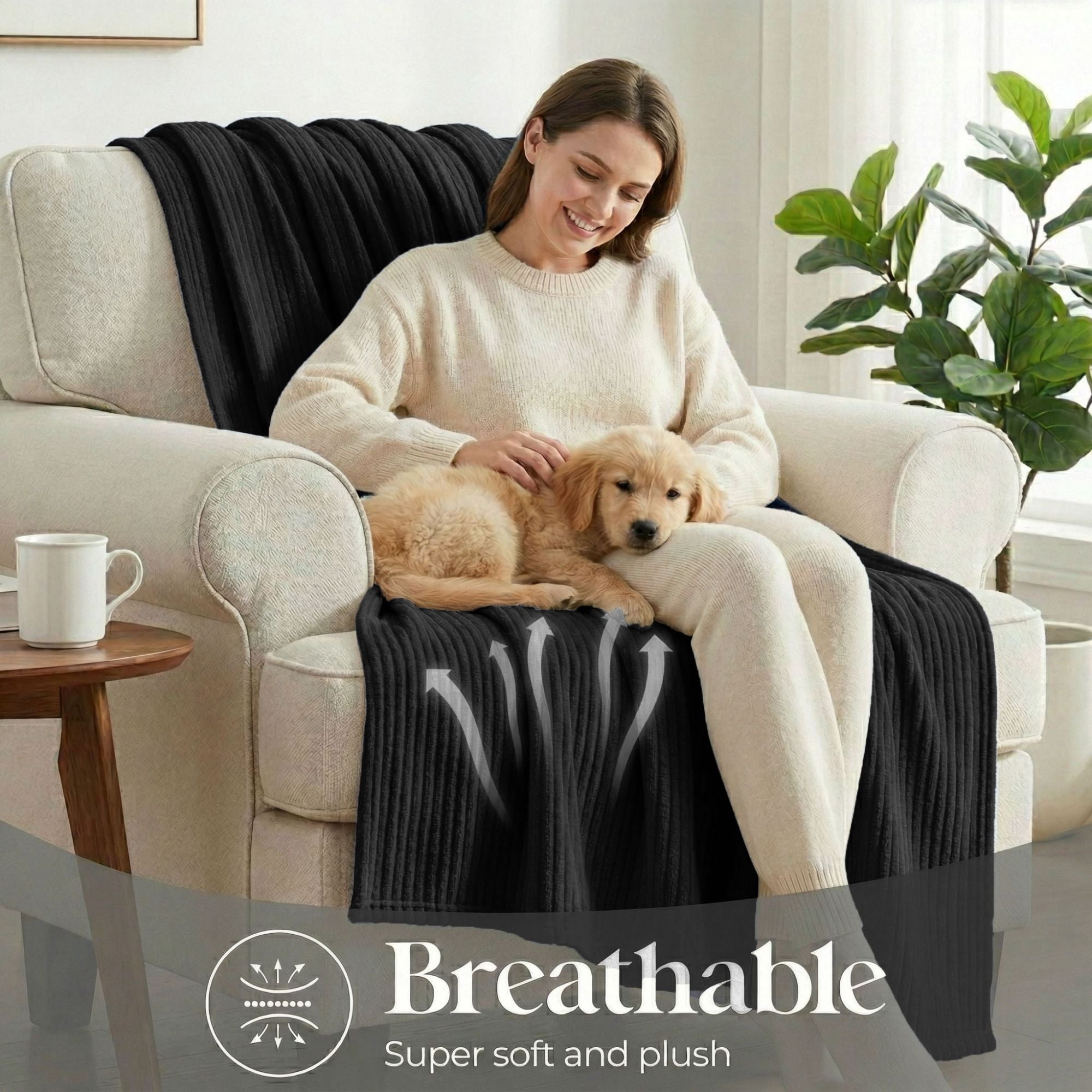 Superior Kacey Ribbed Fluffy Fleece Blanket, Full Queen Size, Black