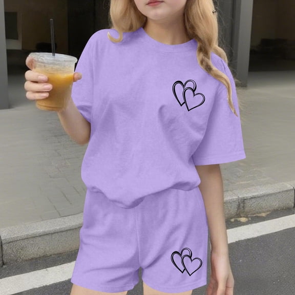 ITSAME Girls Outfit Sets, Heart Print Crewneck T-Shirts and Shorts Summer Loose Casual Clothes 2-Piece Purple Size 14-15