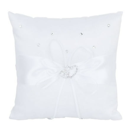 

10*10cm Double Heart Bridal Wedding Ceremony Pocket Ring Bearer Pillow Cushion with Satin Ribbons (White)