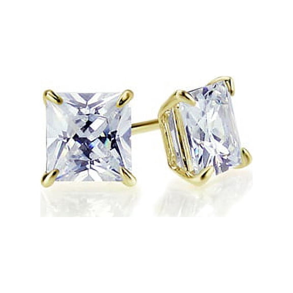 14K Yellow Gold 2mm Square Princess Cut Cubic Zirconia Basket Set Solitaire Stud Earrings