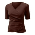 thumbnail image 4 of WTXUE Women's V Neck Tops Slim Fitted T-Shirt Front Wrap Ruched Short Sleeve Tee Shirts Trendy Tight Tank Tops Business Casual Work Blouses Going Out Tops Summer Tops Brown L, 4 of 7