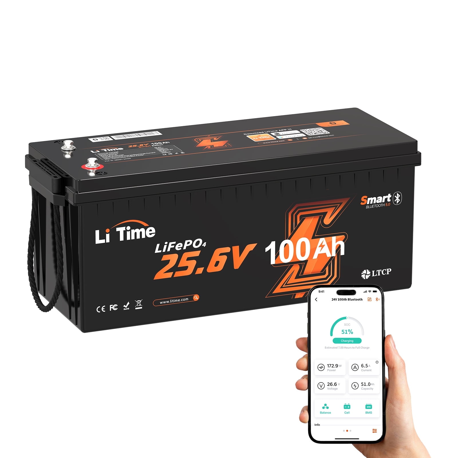 LiTime 12V 100Ah Lithium LiFePO4 Battery 1280Wh 4000-15000 Cycles