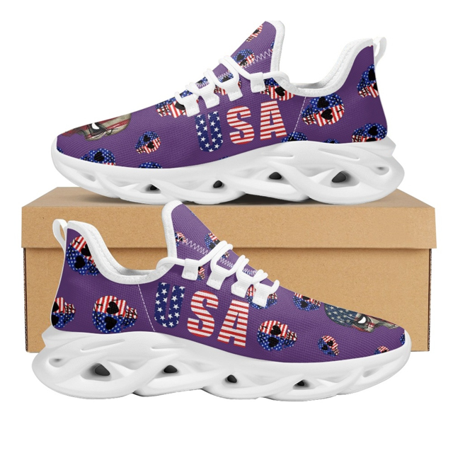 Zapatillas deportivas informales con diseño de bandera de EE. UU. para mujer, transpirables, con cordones, para caminar, con estampado de calavera y bandera estadounidense