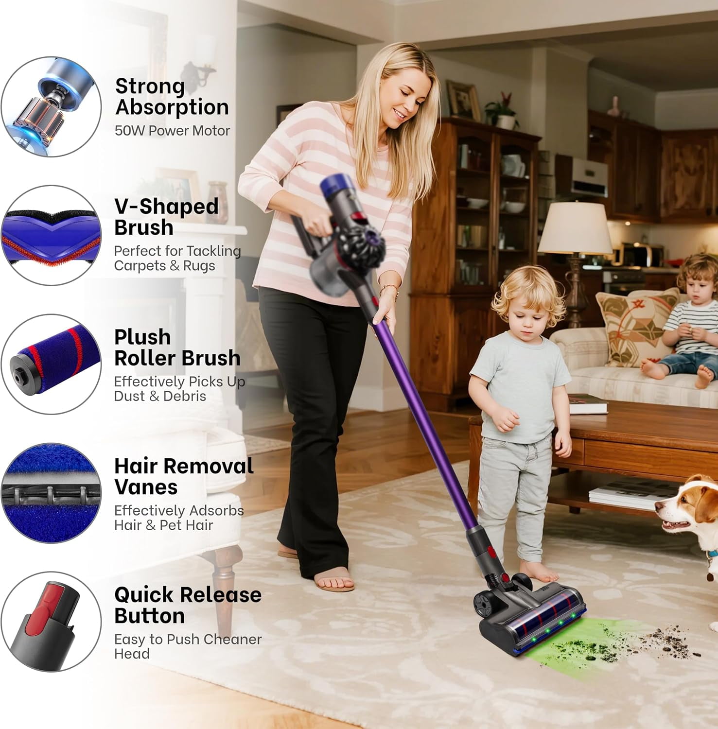 2 brush vacuum cleaner heads with four green LED lights, compatible with V7/V8/V10/V11/V15, quick release electric brush roller, suitable for anti tangling on hard floors and fluffy carpets