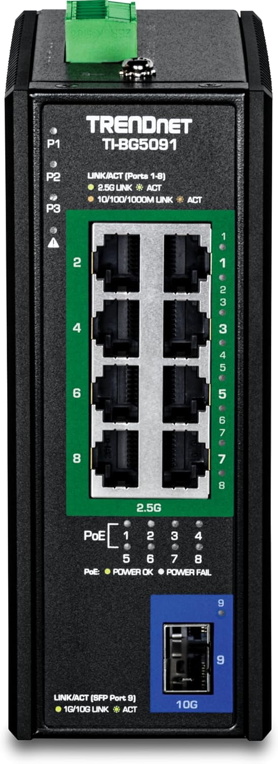 TRENDnet TI-BG5091, 9-Port Industrial 2.5G DIN-Rail PoE++ Switch with 10G SFP+ Port