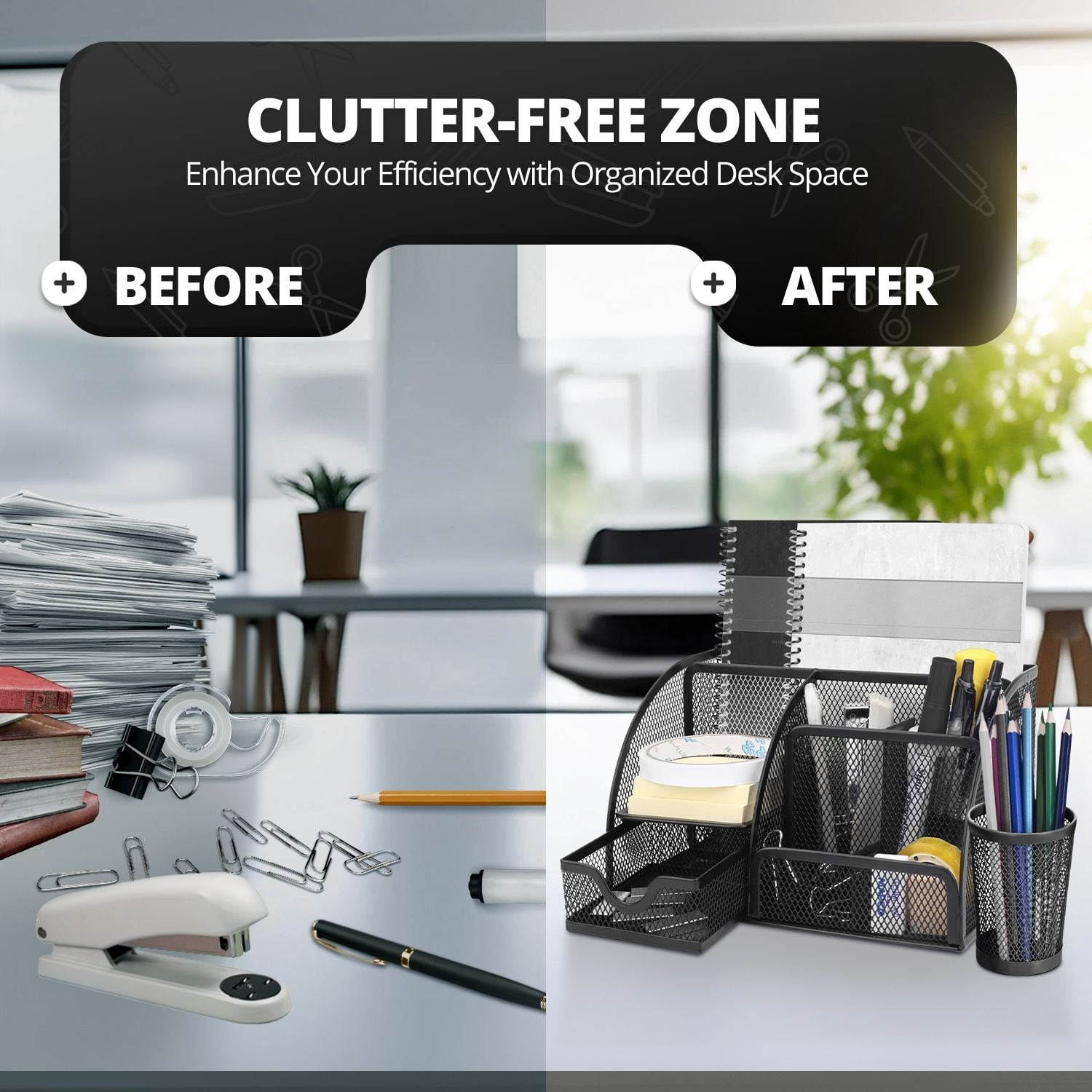 Desk Organizer Accessories Desktop Tabletop Sorter Shelf Pencil Holder Caddy Set (Black)