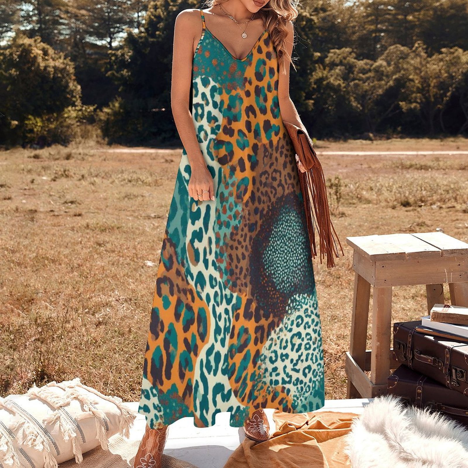 JHWJH25 Abstract Teal Orange Leopard Print Sleeveless Dress Loose Women's Dress Dresses Luxury Evening Dresses, Size: 2XL