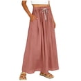 thumbnail image 2 of Caywon Women's Maxi Skirt, Drawstring Elastic Waist A-Line Long Skirt, Crinkle Texture Solid Color Cotton Linen Blend Skirt for Vacation, Beach and Casual Wear, 2 of 5