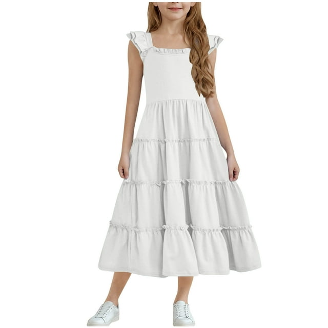 Diufon Girls Maxi Dress Summer Casual Cap Sleeve A Line Sundress Ruffle Hem Flowy Dress for Tween 3-13 Years
