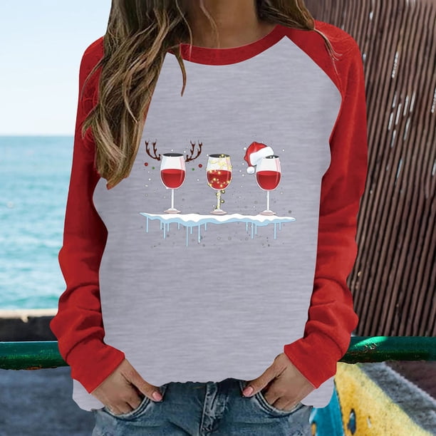 Pntutb Mujer Primavera Patchwork Navidad Impreso Manga Larga Cuello Redondo Casual Tee tops Pntutb Pntutb-7349
