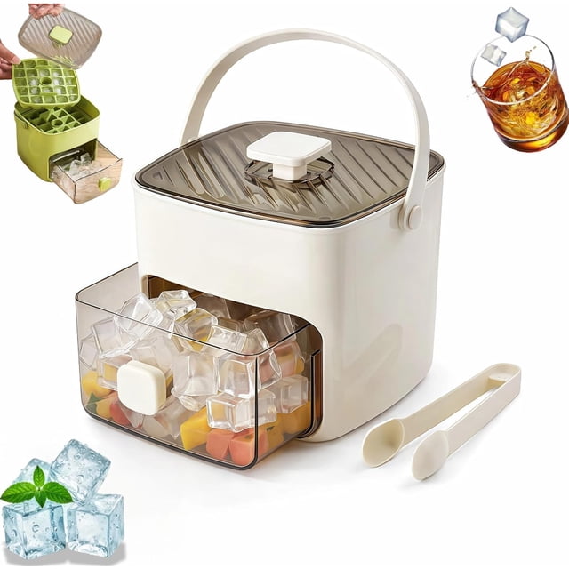48 Cube Ice Maker with Easy Press Lid, Double Layer Portable Ice Maker with Lid and Storage Box, Press-Release Ice Mold Container for Freezer Whiskey, Cocktail, Beer (white)