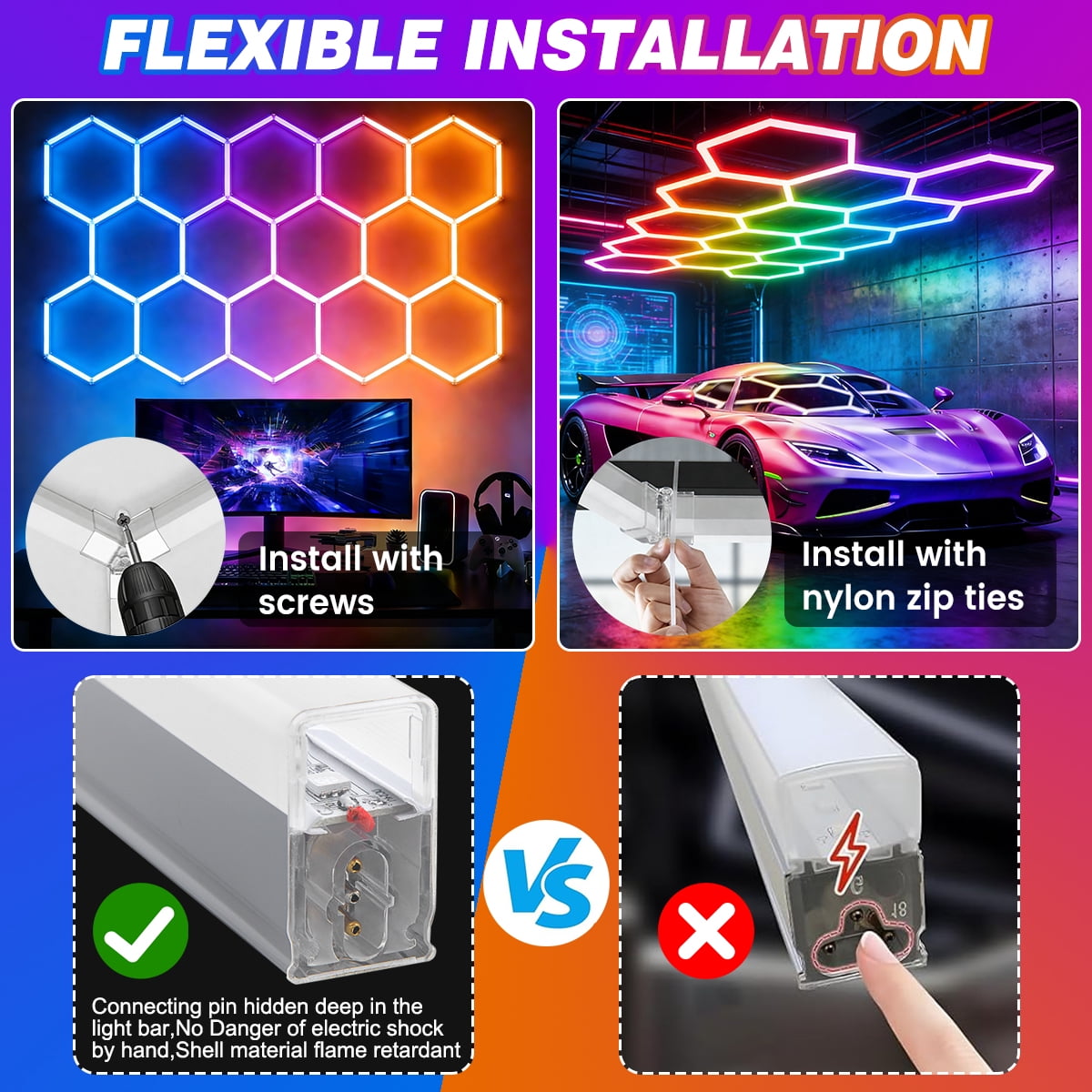 14 Grid RGB Hexagon Lights, DIY 47Pcs Garage LED Panel Light, 356 Color Modes | Music Sync | Smart App & Remote Control LED Ceiling Lights for Gym Bar Gaming Room Garage Lighting Basement Decor