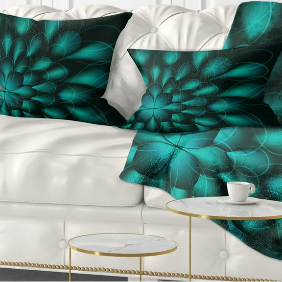 Designart Green Fractal Flower on Black - Abstract Throw Pillow - 12x20
