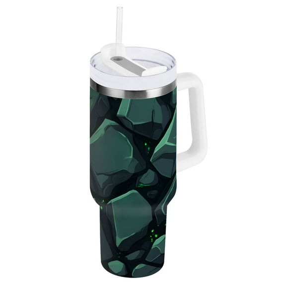 Ryvnso 40 oz Tumbler with Handle and Straw Green Texture Stone Insulated Stainless Steel Travel Mug with Lid