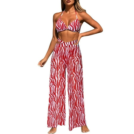 Rigardu Hot Sale!! Womens Bikini Set High Waisted Mesh Coverup Pants Ruffled 3 Piece Swimsuit Set Women s Tobikini Set with Breast Pad High Waisted Mesh Pants 3 Piece Swimsuit Set Watermelon Red L