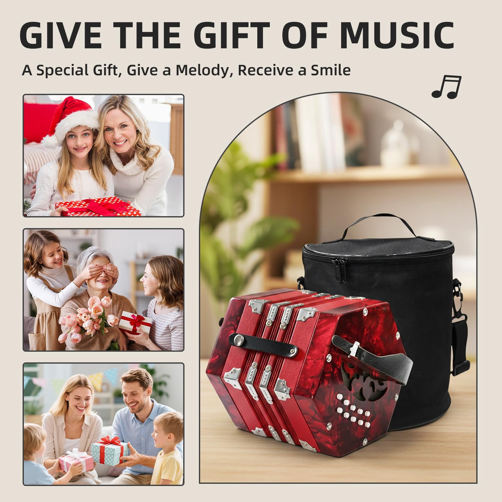 YueChun Concertinas,20-Key Accordion for Adults, Professional Accordion for Beginners, Adjustable Hand Straps, Instrument Accessories (Red)