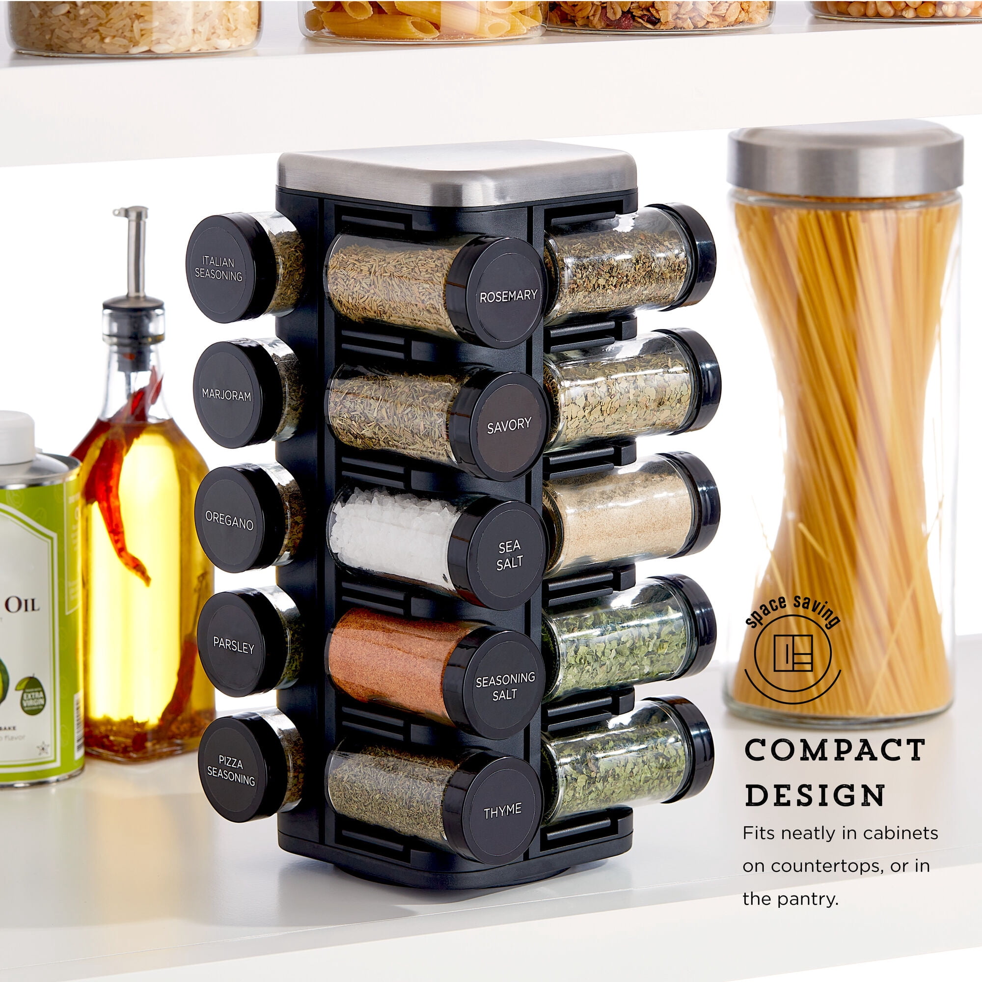 Kamenstein Prefilled 20 Count Glass Jar Plaza 5-Tier Spice Rack, Rotating Spice Rack with Filled Jars, Space-Saving Kitchen Counter Organizer