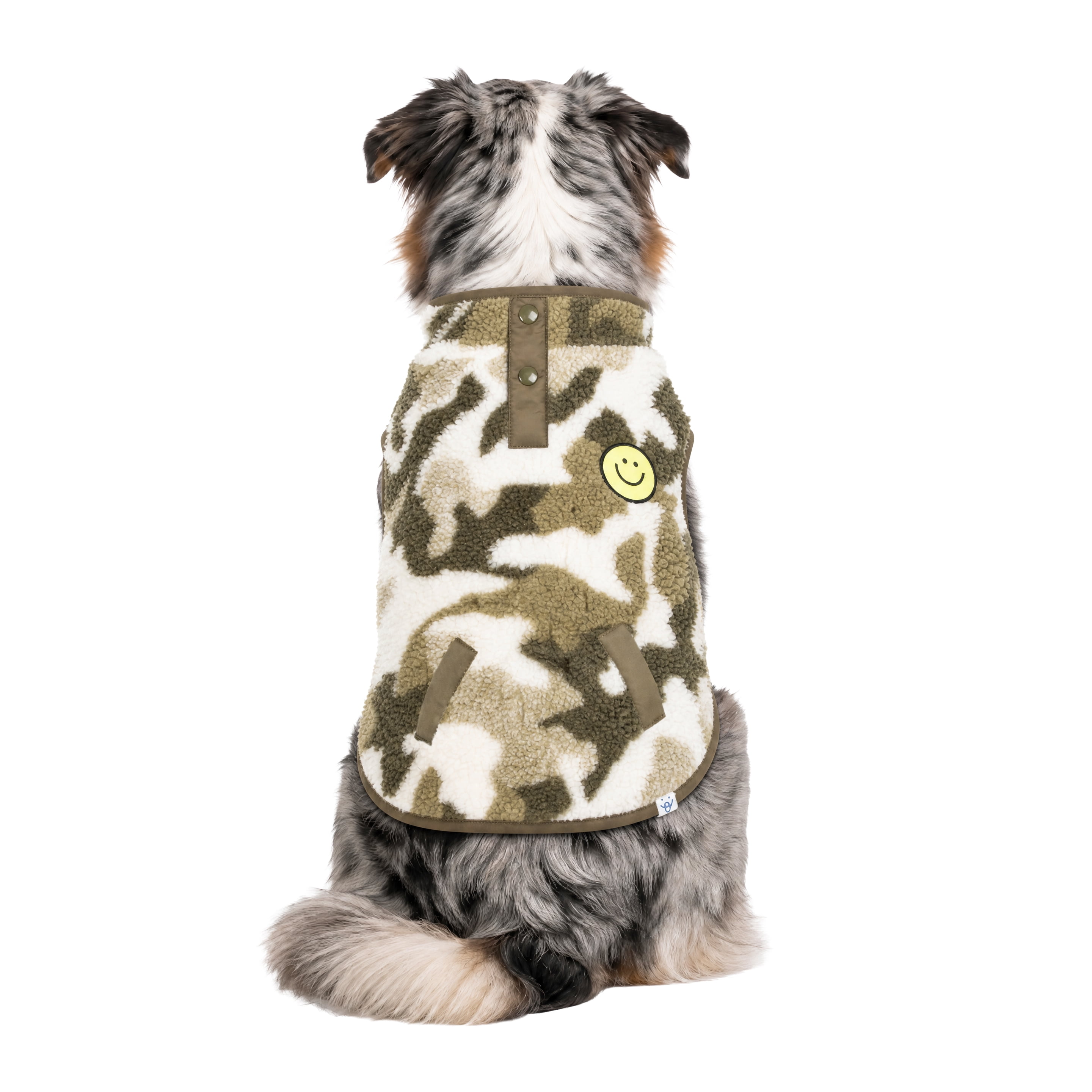 Oodles Smiley Face Fall Camo Sherpa Dog Jacket, Green, Large