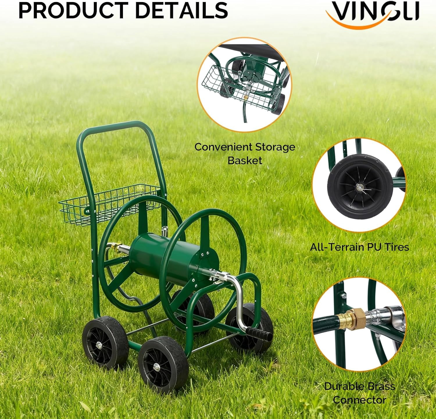CHTER 4-Wheel Garden Hose Reel Cart with Storage Basket, Portable Residential Hose Reel Cart, Lawn Watering, for Garden Backyard and Farm (Green 250FT)