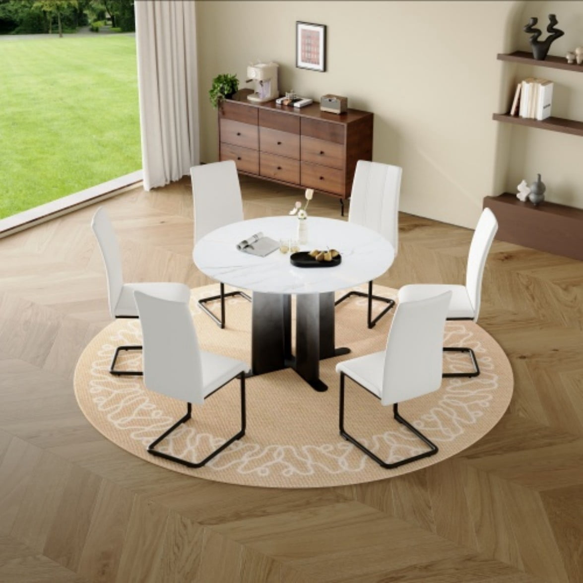Round White Marble Dining Table, Modern MDF Kitchen Table for 2-4 People, Gradient Cross Base, Compact Table for Small Spaces, White & Black
