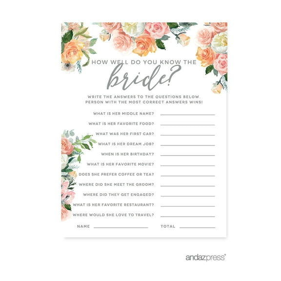 Peach Coral Floral Garden Party, How Well Do You Know the Bride? Bridal Shower Game Cards, 20-Pack