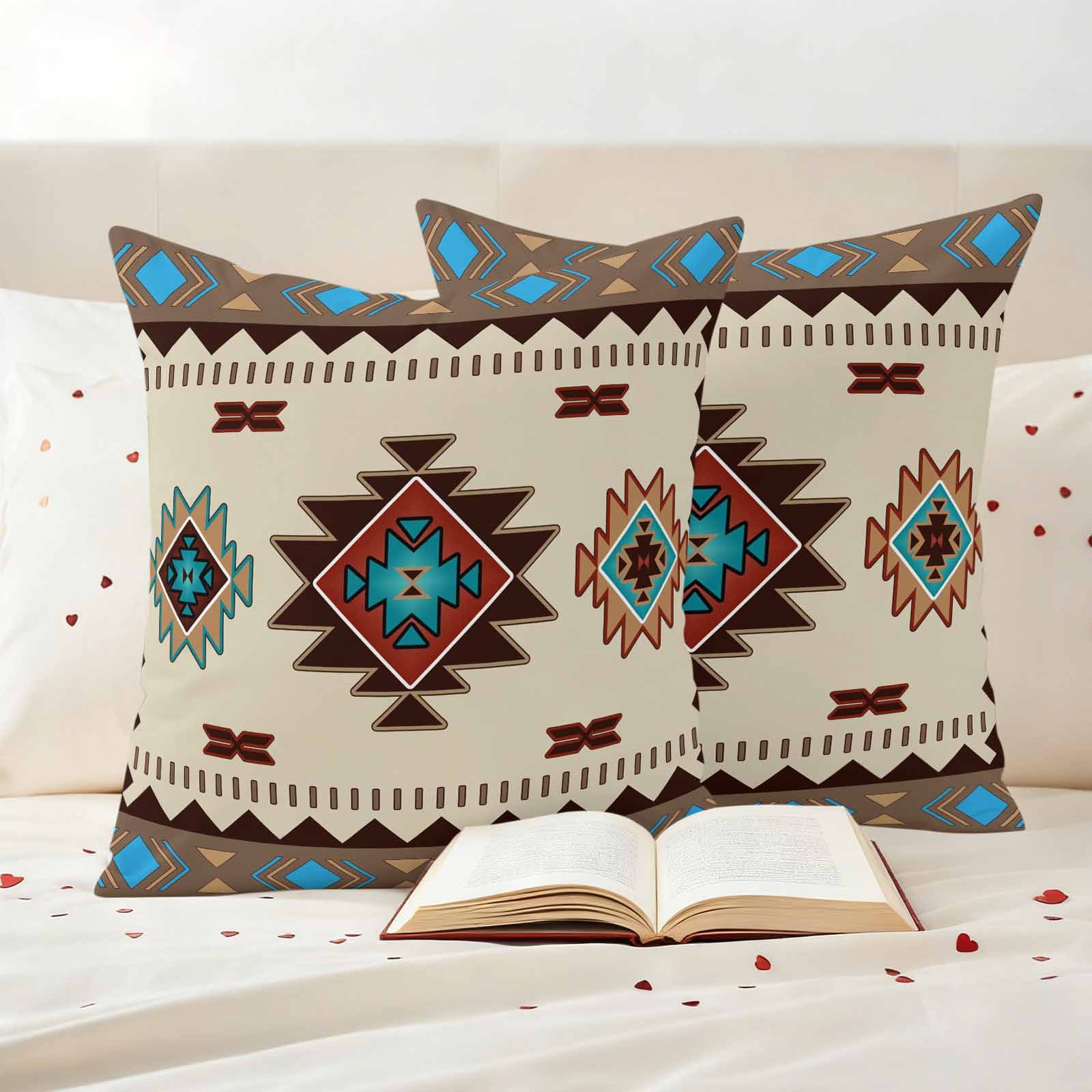 Pack of 2 Outdoor Pillow Covers,Waterproof Boho Southwest Throw Pillow Covers,Farmhouse Aztec Tribe Brown Blue Plaid Decorative Pillowcases Cushion Covers for Couch Pillow Sham Protector 18x18 Inch