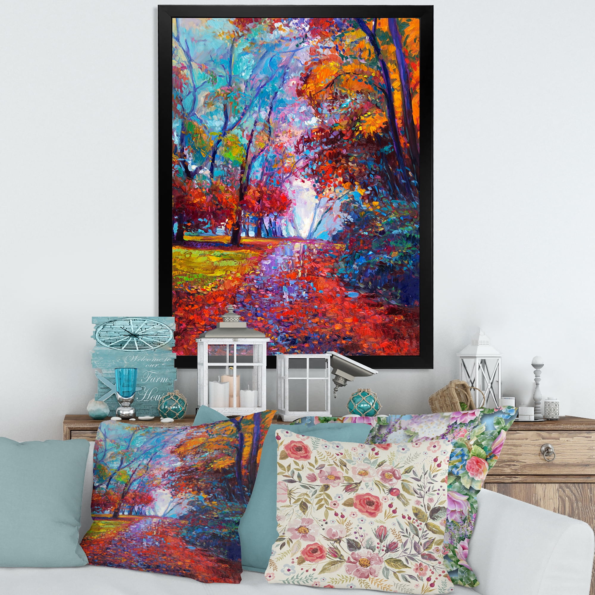 Designart 'Red Autumn Landscape With Little Road' Traditional Framed Art Print