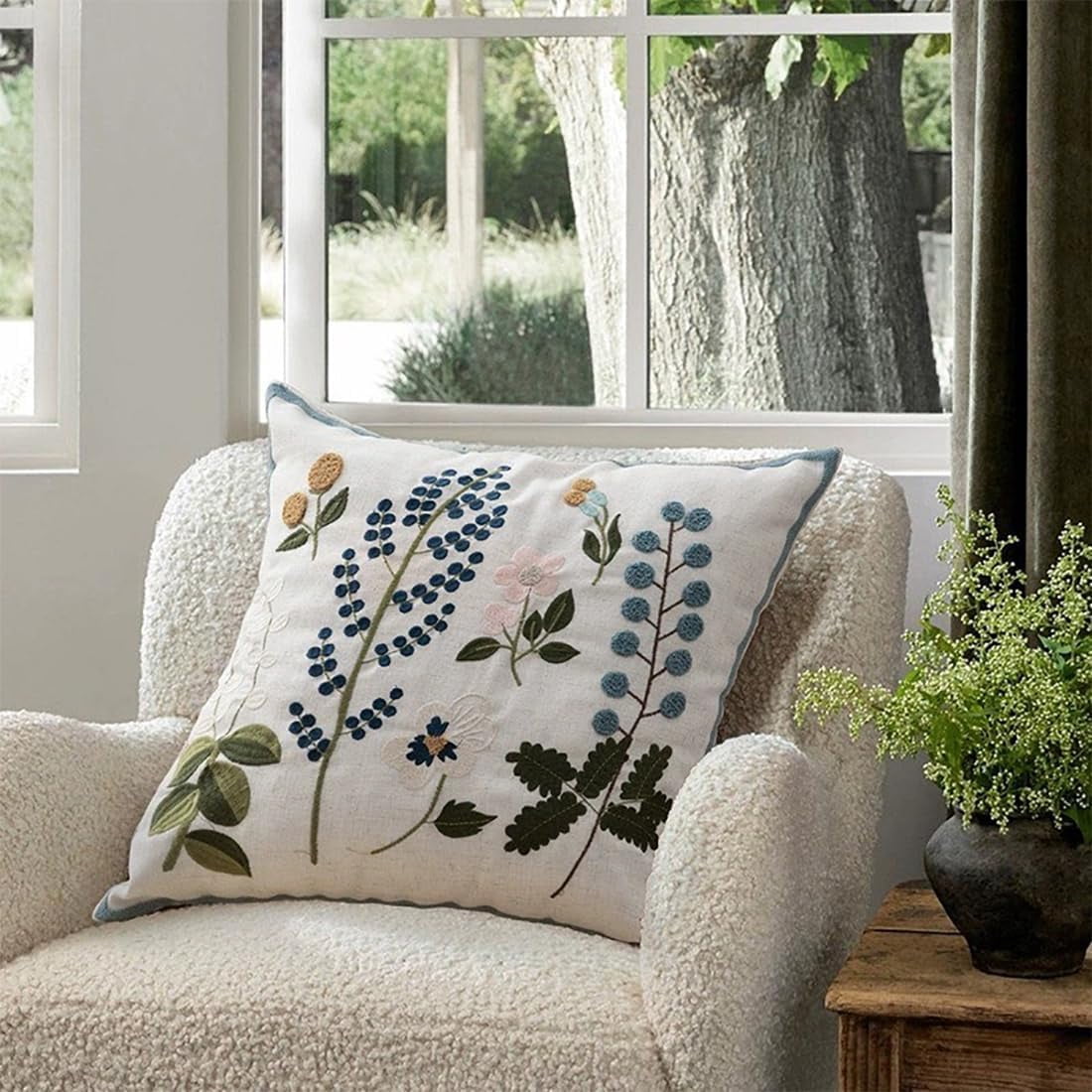 Fennco Styles Embroidered Spring Floral Decorative Throw Pillow Cover 18" W x 18" L - Green Leaves Woven Cushion Case for Home, Couch, Living Room, Bedroom, Office and Holiday Décor