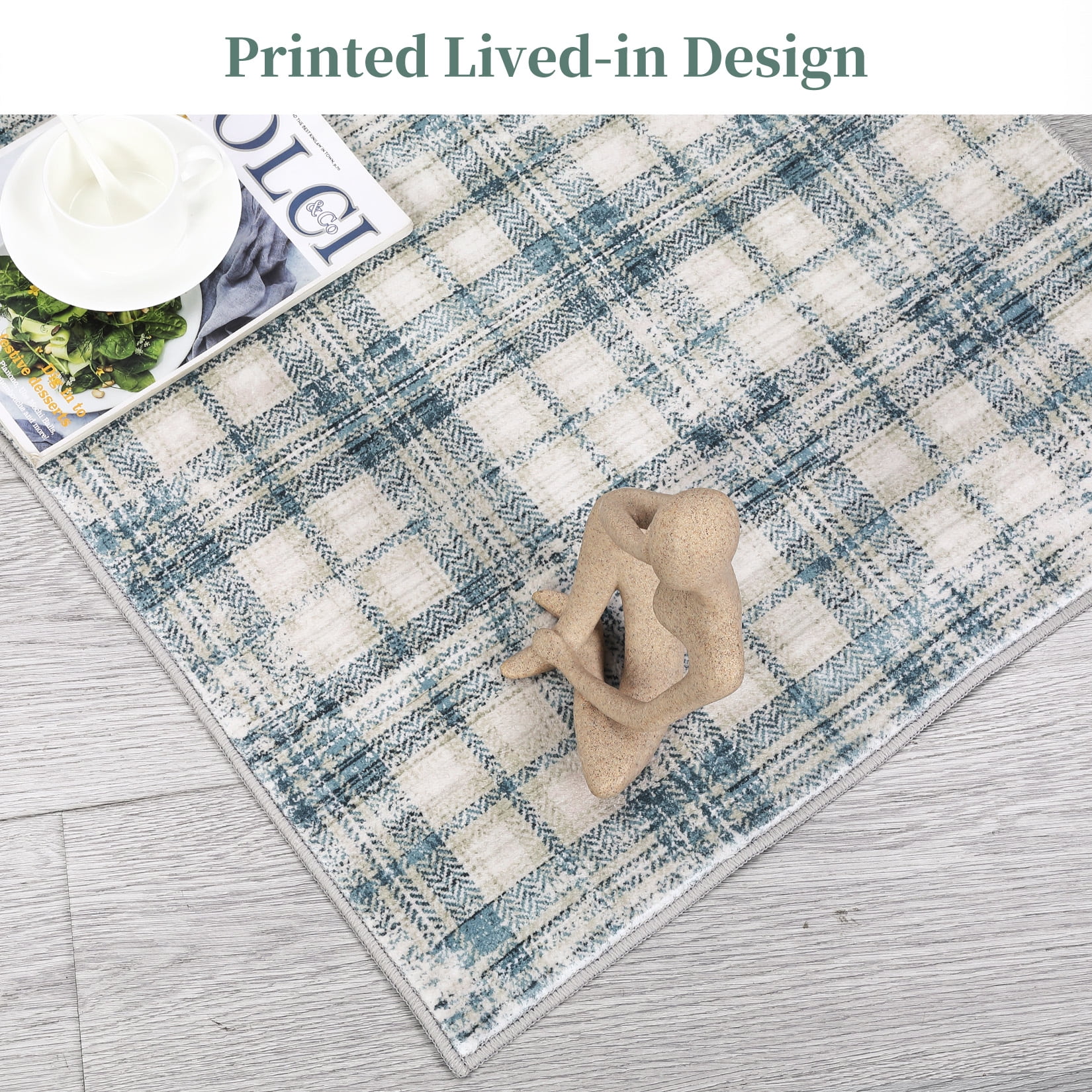 HOMERRY Indoor Washable 4' x 6' Area Rug Plaid Geometric Rug for Living Room, Blue/Beige