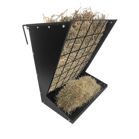 Wall Mount Hay Feeder, 2 in 1 Hay and Grain Livestock Feeder, Heavy Duty Galvanized Steel Hay Rack with Adjustable Distance for Goats, Sheep, Horse, Indoor Outdoor Uses